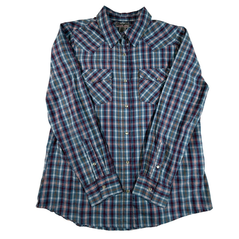Wrangler‎ Wrancher Mens M Blue Plaid Western Pearl Snap Shirt Medium LWR7929